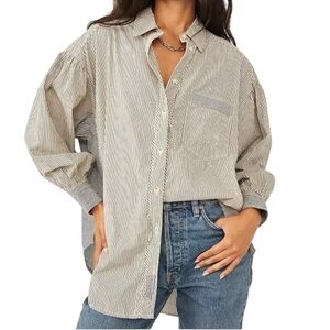 Free People Oversized Happy Hour Oxford Button Down Shirt Medium Preppy Stripes